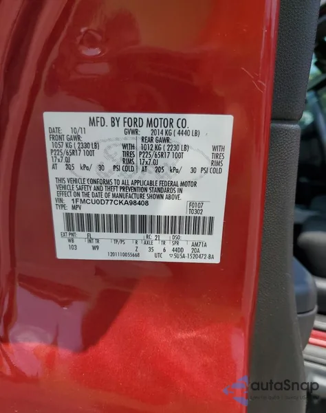 2012 Ford Escape Xlt from USA, damaged, VIN 1FMCU0D77CKA98408